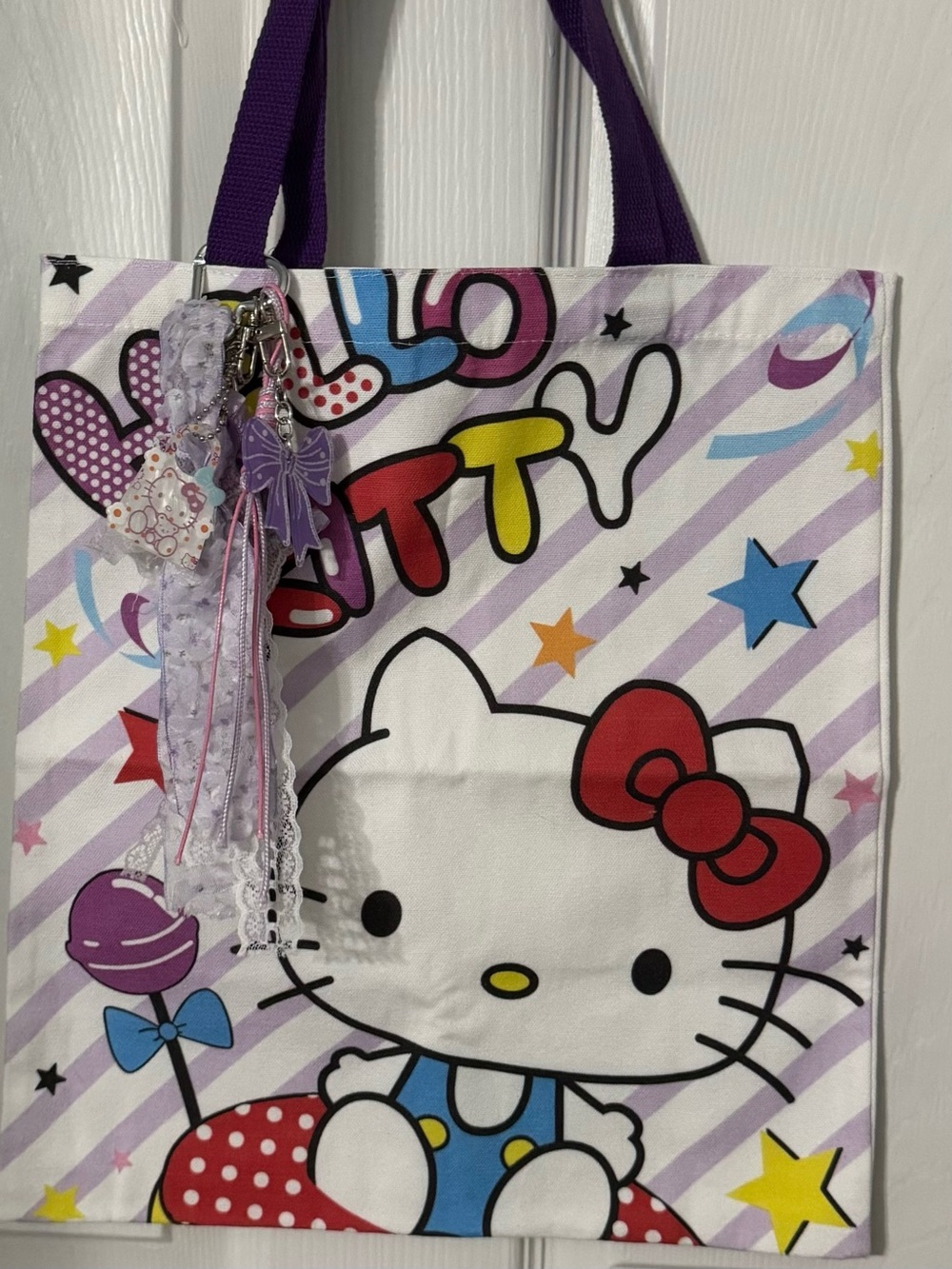Hello Kitty Purple and White Kids Tote Bag with Red Bow Accent